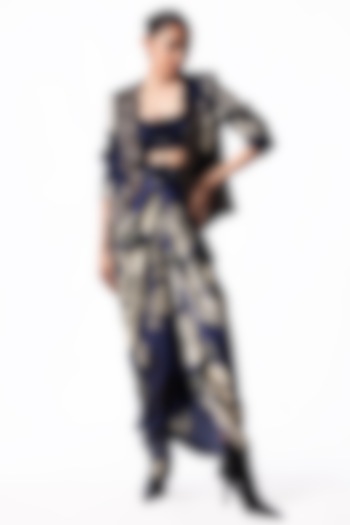 Navy Satin Printed Knotted Skirt Set by Nupur Kanoi at Pernia's Pop Up Shop