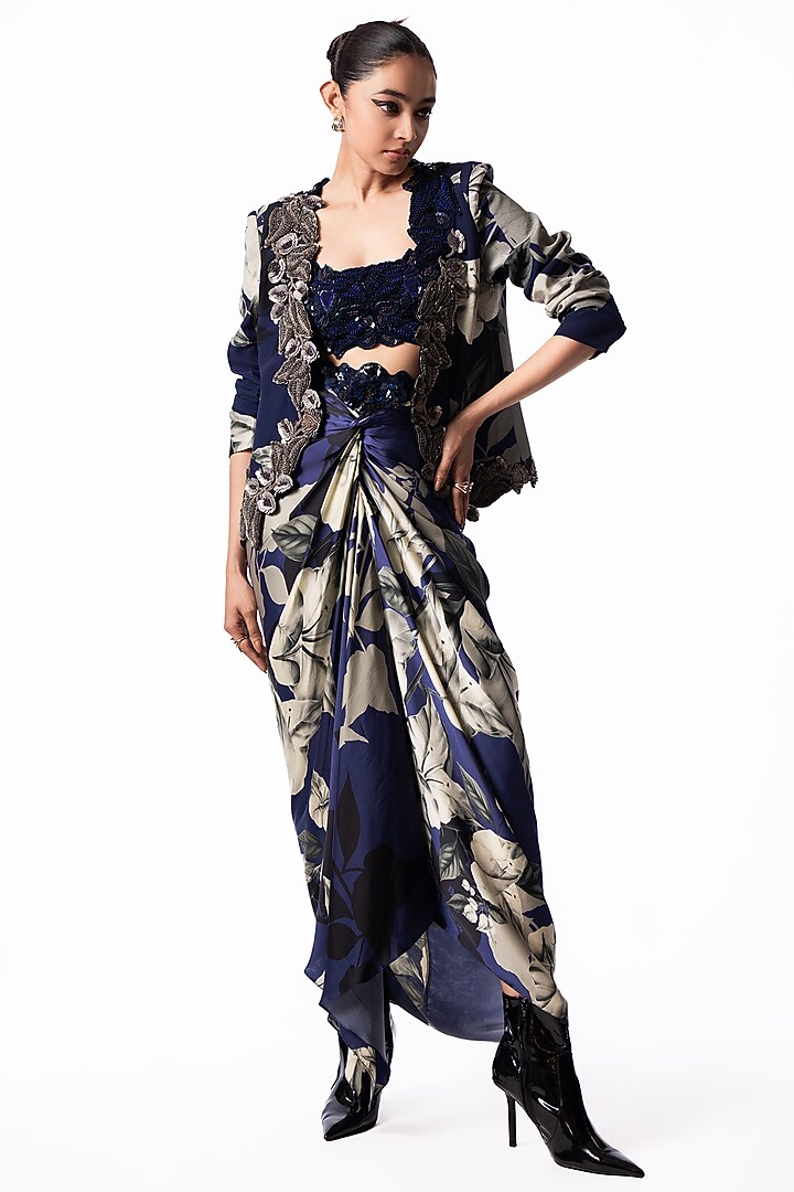 Navy Satin Printed Knotted Skirt Set by Nupur Kanoi at Pernia's Pop Up Shop