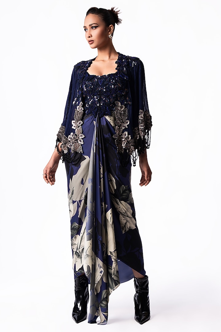Navy Crepe Printed & Embroidered Draped Jacket Party Wear Dress by Nupur Kanoi at Pernia's Pop Up Shop