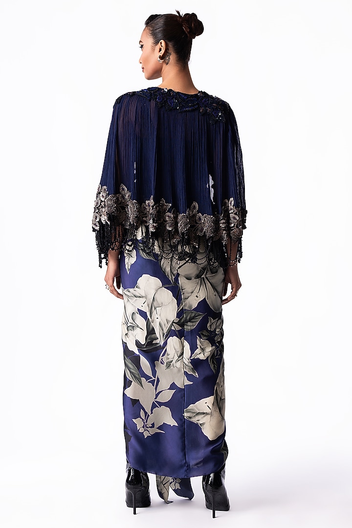 Navy Crepe Printed & Embroidered Draped Jacket Party Wear Dress by Nupur Kanoi at Pernia's Pop Up Shop