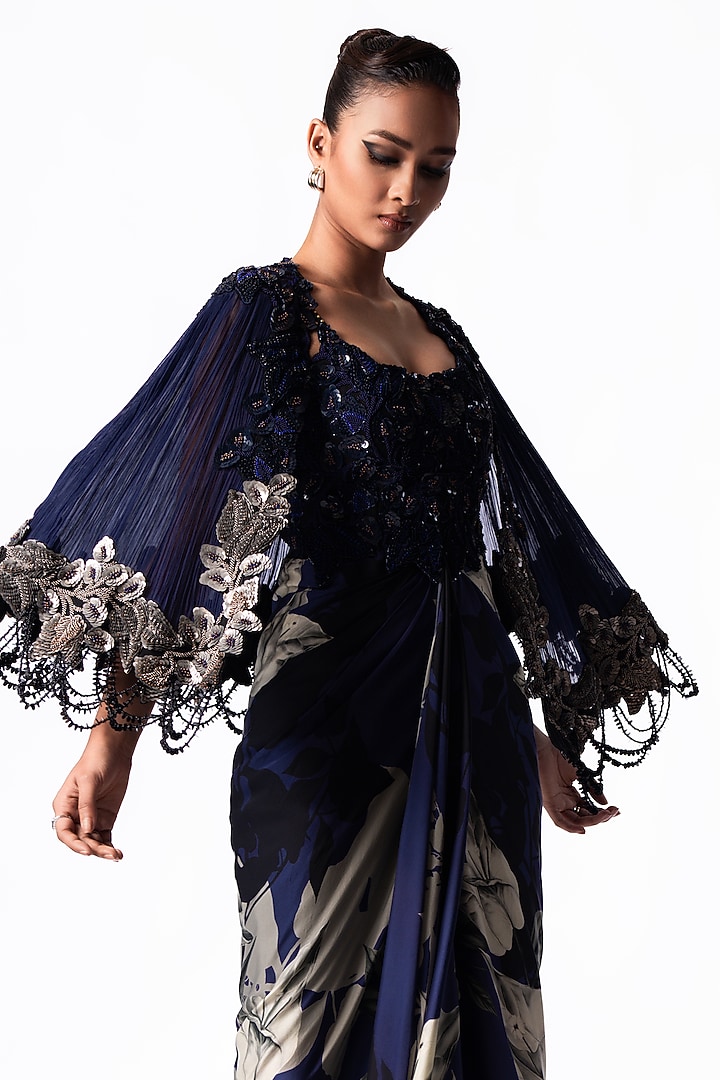 Navy Crepe Printed & Embroidered Draped Jacket Party Wear Dress by Nupur Kanoi at Pernia's Pop Up Shop