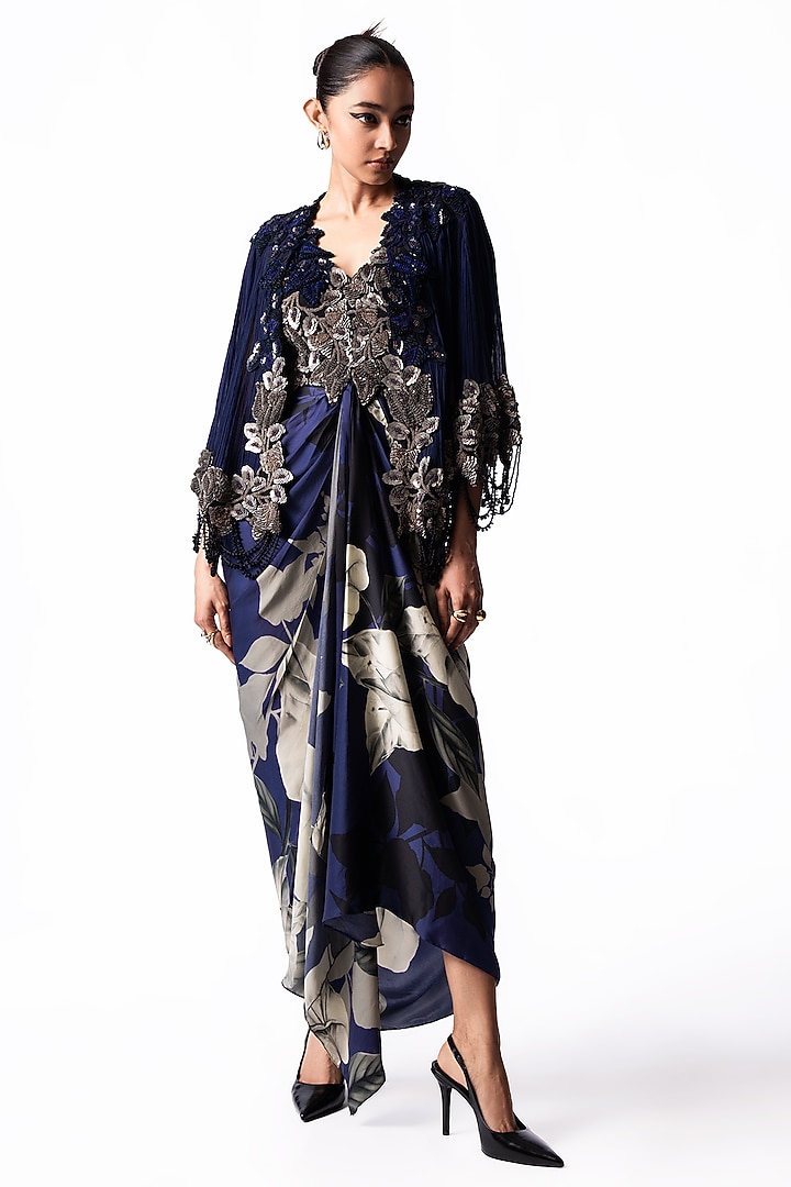 Navy Crepe Printed & Embroidered Draped Jacket Party Wear Dress by Nupur Kanoi at Pernia's Pop Up Shop