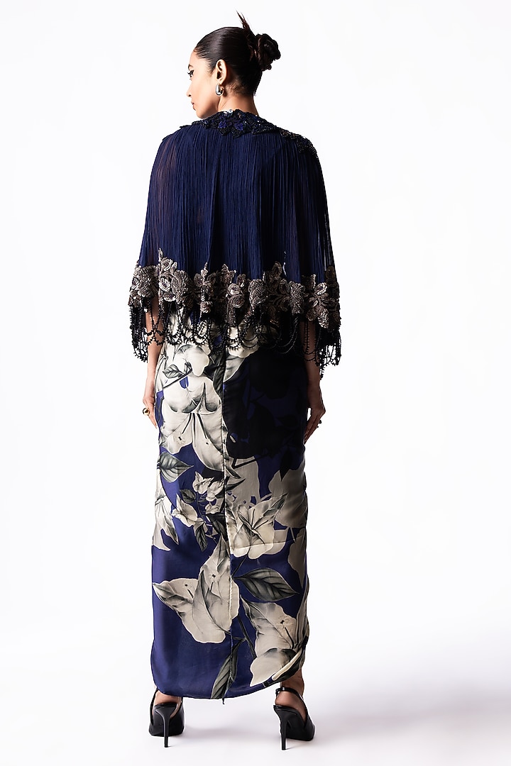 Navy Crepe Printed & Embroidered Draped Jacket Party Wear Dress by Nupur Kanoi at Pernia's Pop Up Shop