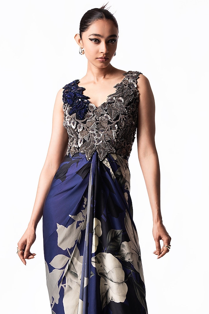 Navy Crepe Printed & Embroidered Draped Jacket Party Wear Dress by Nupur Kanoi at Pernia's Pop Up Shop