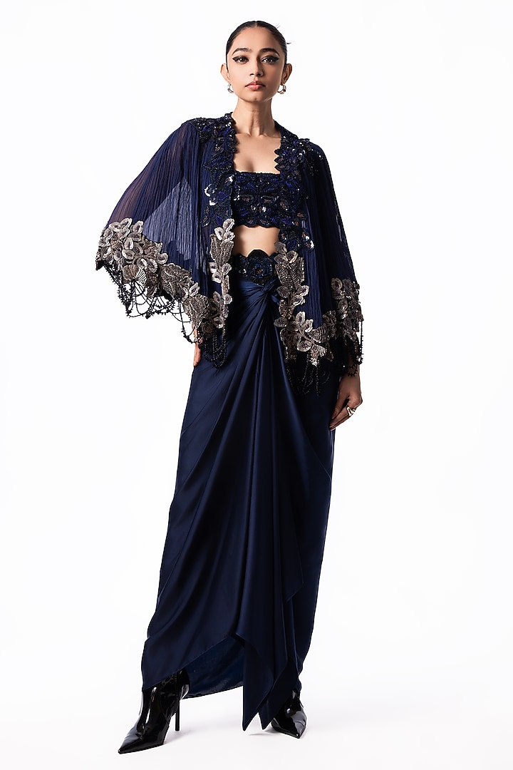 Navy Satin Knotted Skirt Set by Nupur Kanoi at Pernia's Pop Up Shop