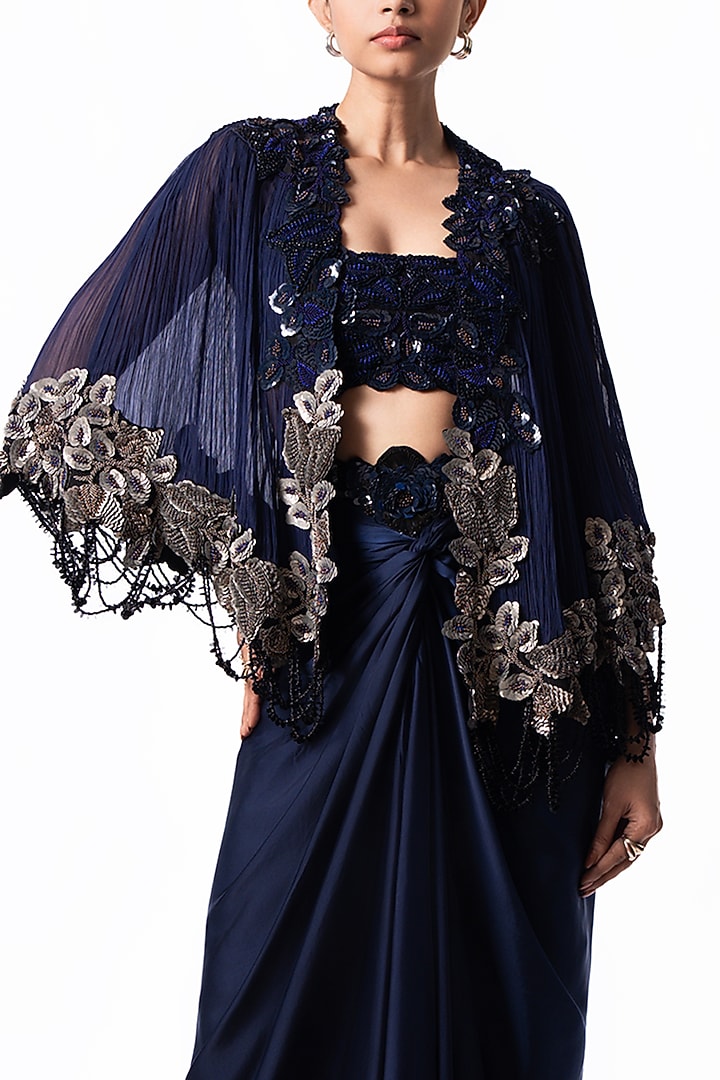 Navy Satin Knotted Skirt Set by Nupur Kanoi at Pernia's Pop Up Shop