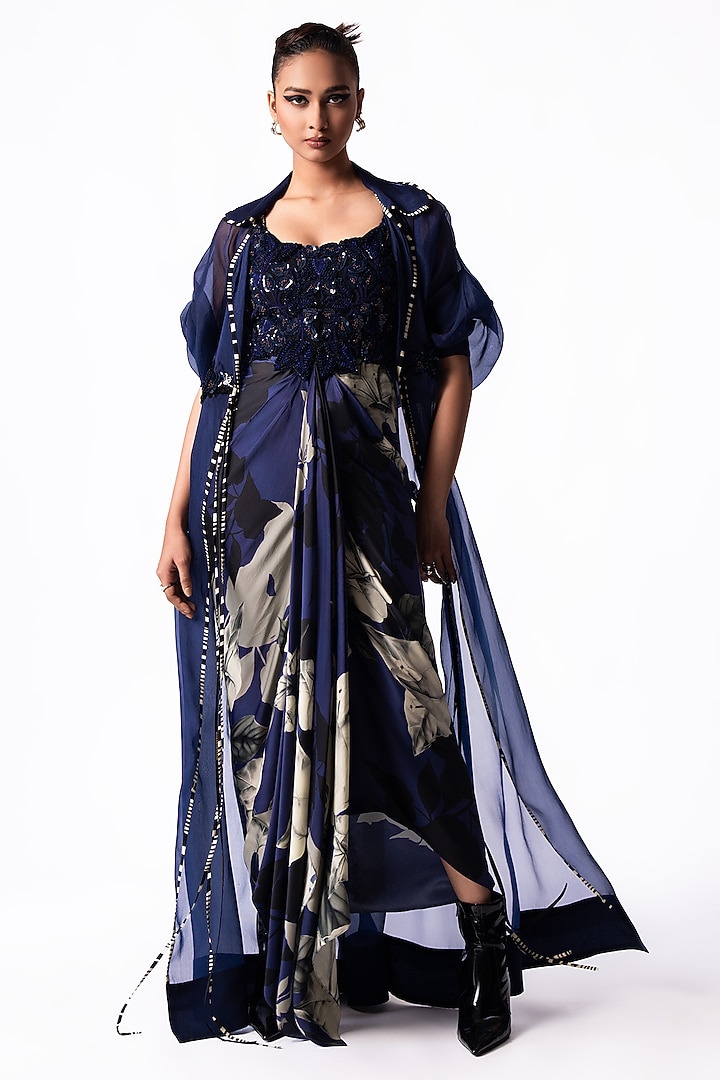 Navy Satin Printed & Embroidered Draped Party Wear Dress With Jacket by Nupur Kanoi at Pernia's Pop Up Shop