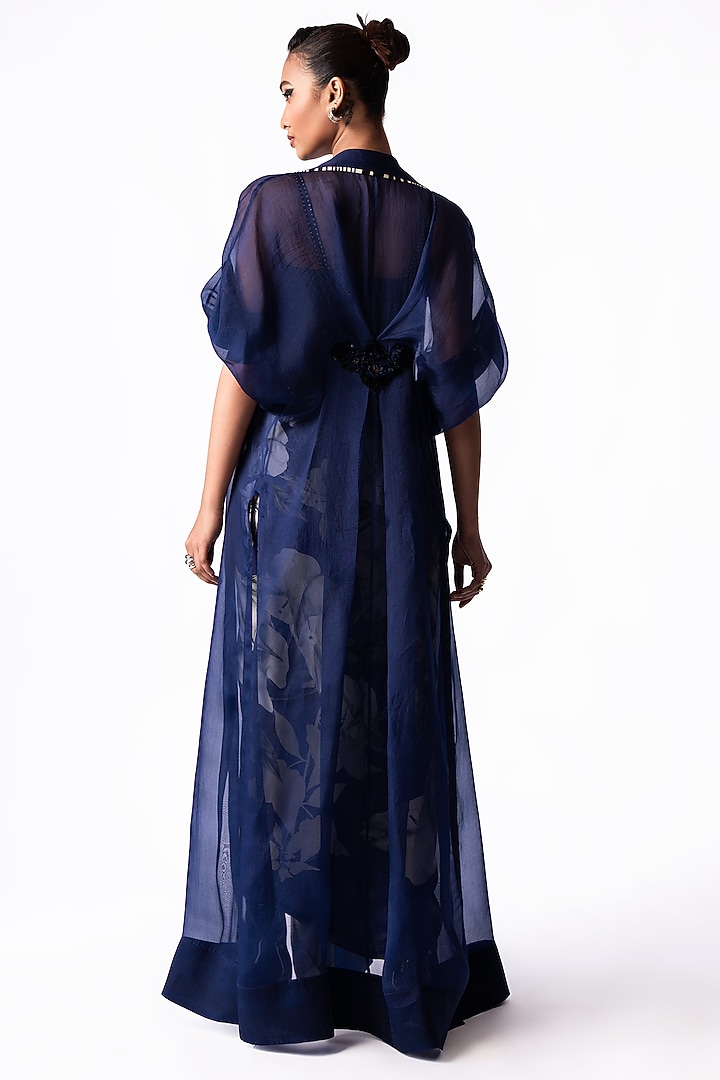 Navy Satin Printed & Embroidered Draped Party Wear Dress With Jacket by Nupur Kanoi at Pernia's Pop Up Shop