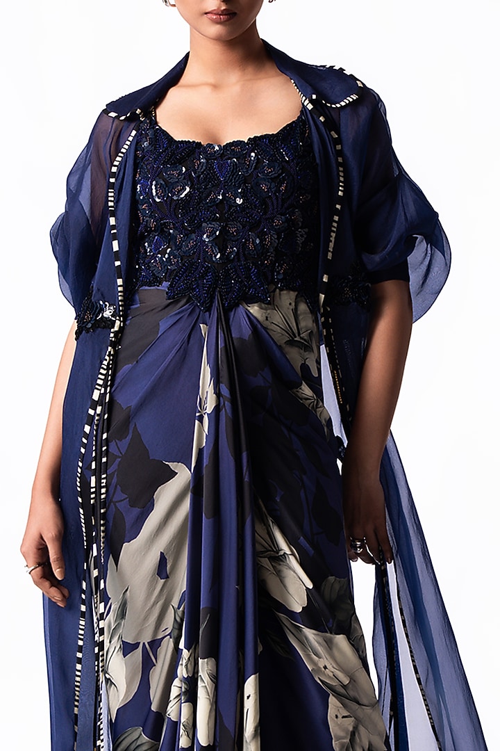Navy Satin Printed & Embroidered Draped Party Wear Dress With Jacket by Nupur Kanoi at Pernia's Pop Up Shop