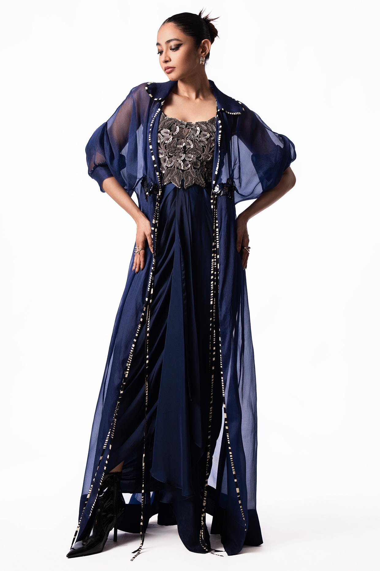 Nupur Kanoi Navy Satin Sequin Embroidered Draped Dress With Jacket