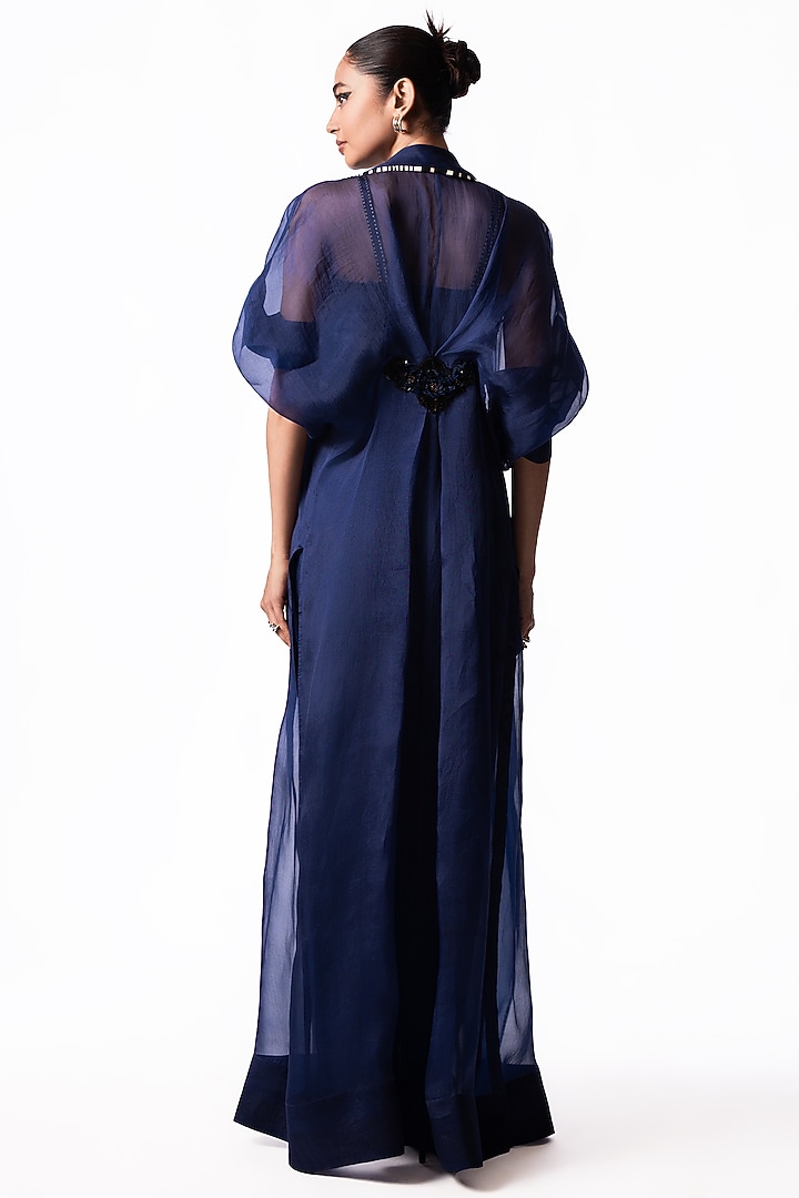 Navy Satin Sequin Embroidered Draped Party Wear Dress With Jacket by Nupur Kanoi at Pernia's Pop Up Shop