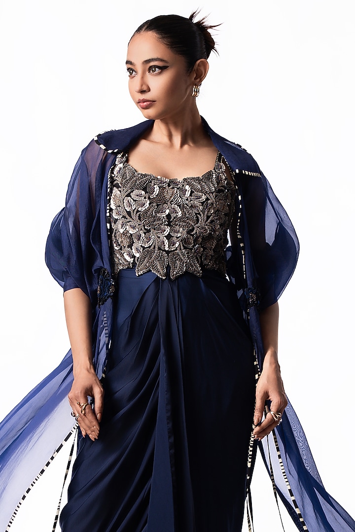 Navy Satin Sequin Embroidered Draped Party Wear Dress With Jacket by Nupur Kanoi at Pernia's Pop Up Shop