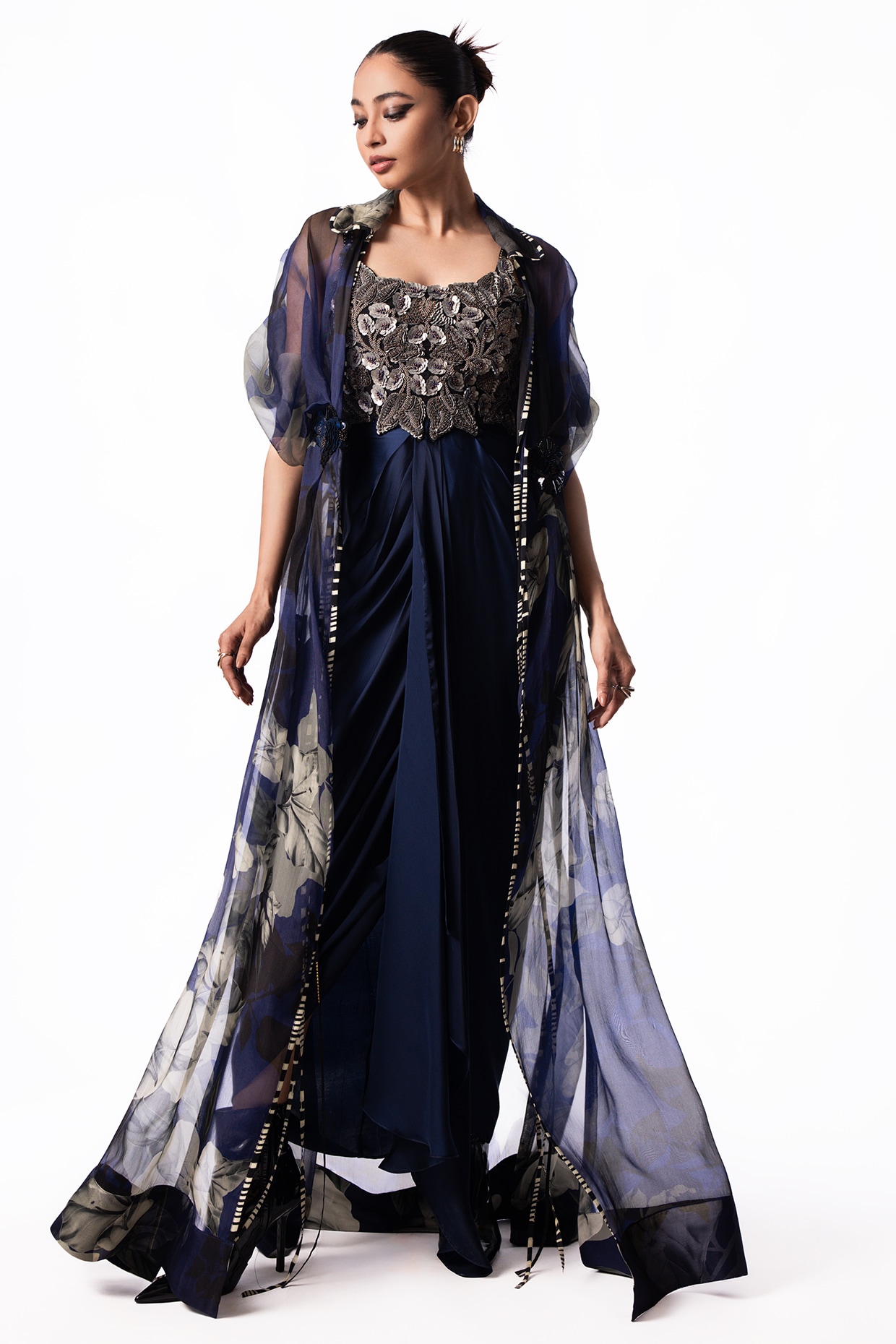 Nupur Kanoi Navy Satin Sequin Embroidered Draped Dress With Printed Jacket