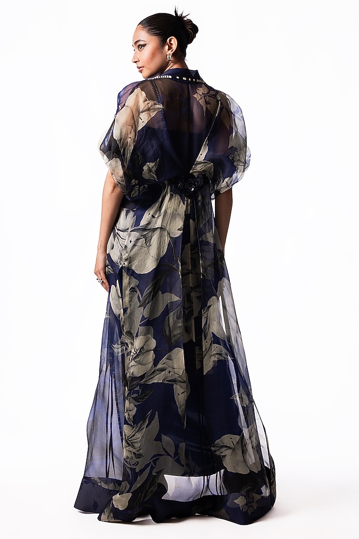Navy Satin Sequin Embroidered Draped Party Wear Dress With Printed Jacket by Nupur Kanoi at Pernia's Pop Up Shop