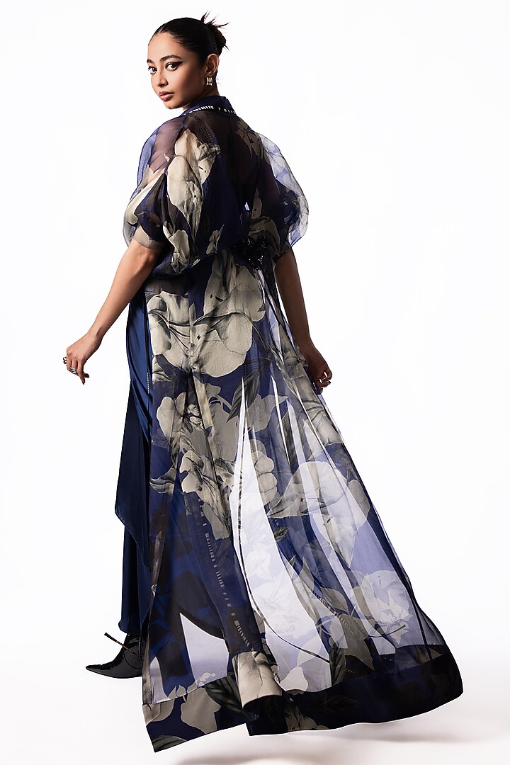 Navy Satin Sequin Embroidered Draped Party Wear Dress With Printed Jacket by Nupur Kanoi at Pernia's Pop Up Shop