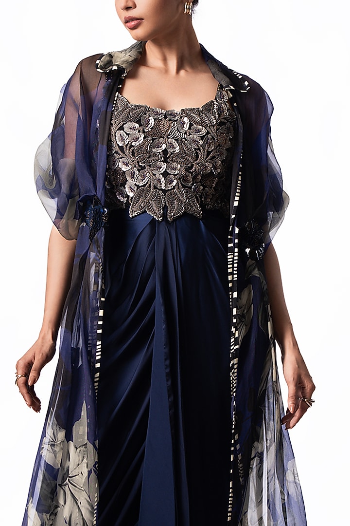 Navy Satin Sequin Embroidered Draped Party Wear Dress With Printed Jacket by Nupur Kanoi at Pernia's Pop Up Shop
