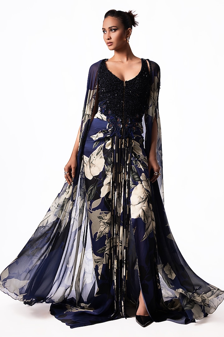 Navy Satin Printed Knotted Skirt Set by Nupur Kanoi at Pernia's Pop Up Shop