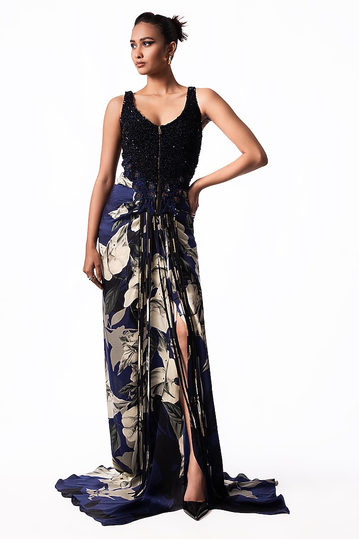 Navy Satin Printed Knotted Skirt Set by Nupur Kanoi at Pernia's Pop Up Shop