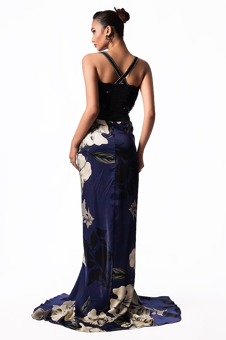 Navy Satin Printed Knotted Skirt Set by Nupur Kanoi at Pernia's Pop Up Shop