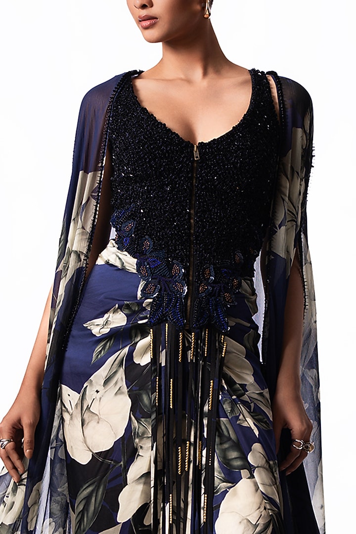 Navy Satin Printed Knotted Skirt Set by Nupur Kanoi at Pernia's Pop Up Shop