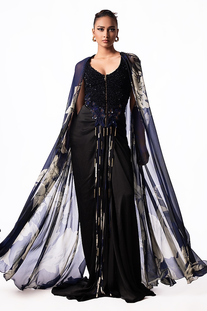 Black Satin Trail Skirt Set by Nupur Kanoi at Pernia's Pop Up Shop