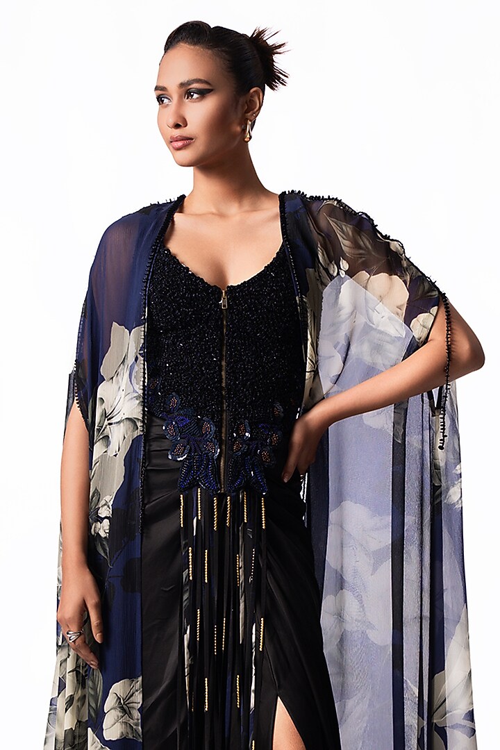 Black Satin Trail Skirt Set by Nupur Kanoi at Pernia's Pop Up Shop