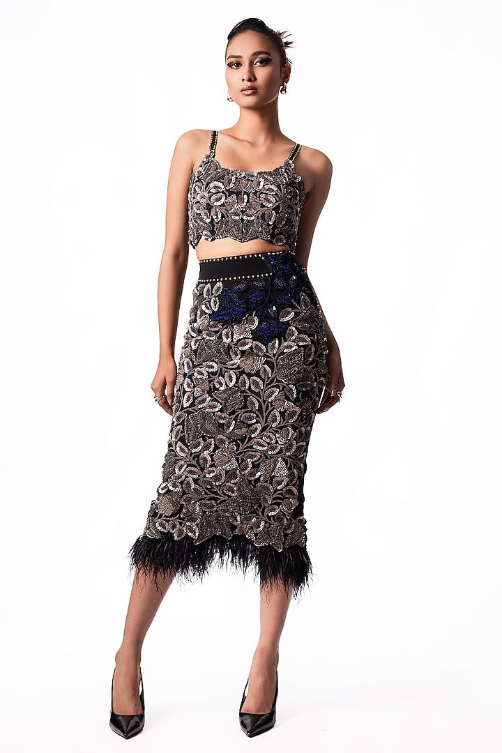 Navy & Silver Crepe Feather Embroidered Pencil Skirt Set by Nupur Kanoi at Pernia's Pop Up Shop