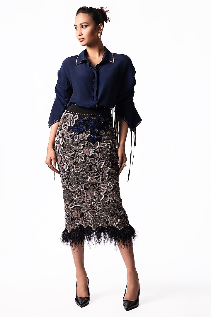 Navy & Silver Lycra Feather Embroidered Pencil Skirt Set by Nupur Kanoi at Pernia's Pop Up Shop