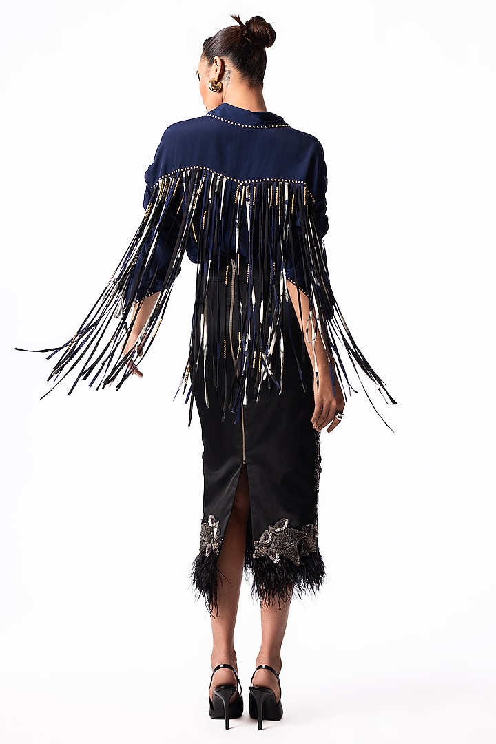 Navy & Silver Lycra Feather Embroidered Pencil Skirt Set by Nupur Kanoi at Pernia's Pop Up Shop