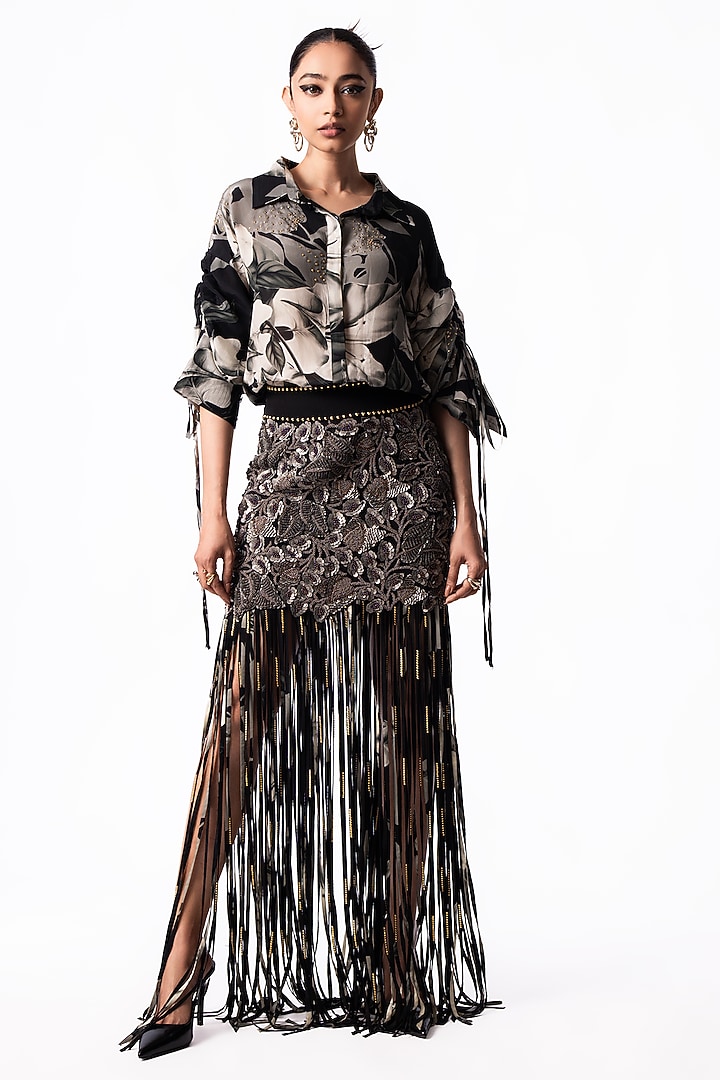 Black & Silver Lycra Sequin Embroidered Mini Skirt Set by Nupur Kanoi at Pernia's Pop Up Shop