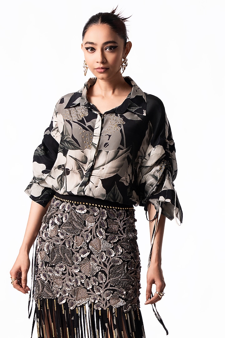 Black & Silver Lycra Sequin Embroidered Mini Skirt Set by Nupur Kanoi at Pernia's Pop Up Shop