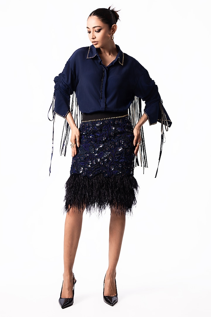 Navy Lycra Sequin Embroidered Pencil Skirt Set by Nupur Kanoi at Pernia's Pop Up Shop