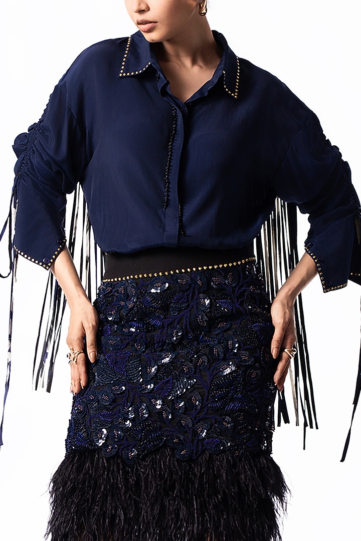Navy Lycra Sequin Embroidered Pencil Skirt Set by Nupur Kanoi at Pernia's Pop Up Shop