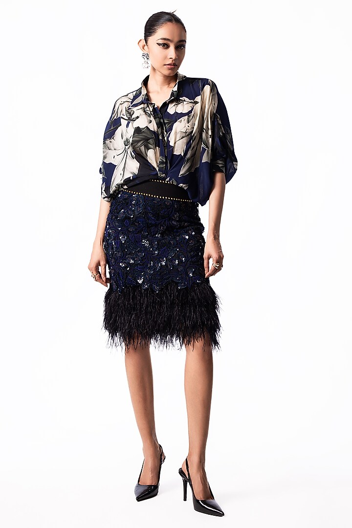 Navy Lycra Sequin Embroidered Pencil Skirt Set by Nupur Kanoi at Pernia's Pop Up Shop