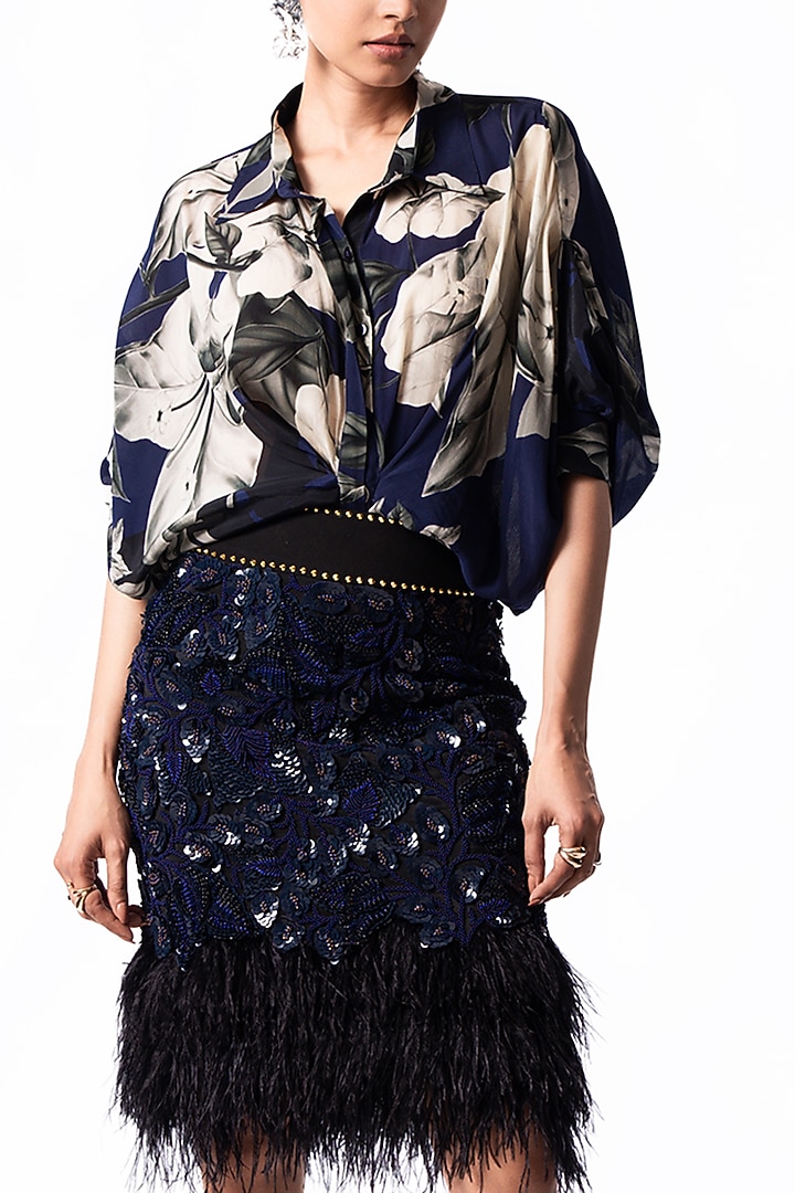 Navy Lycra Sequin Embroidered Pencil Skirt Set by Nupur Kanoi at Pernia's Pop Up Shop