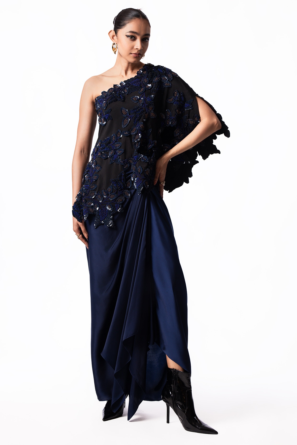 Nupur Kanoi Navy Satin Knotted Skirt Set