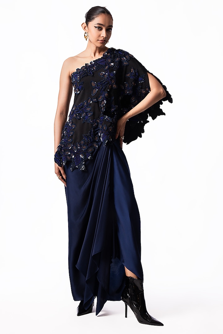Navy Satin Knotted Skirt Set by Nupur Kanoi at Pernia's Pop Up Shop