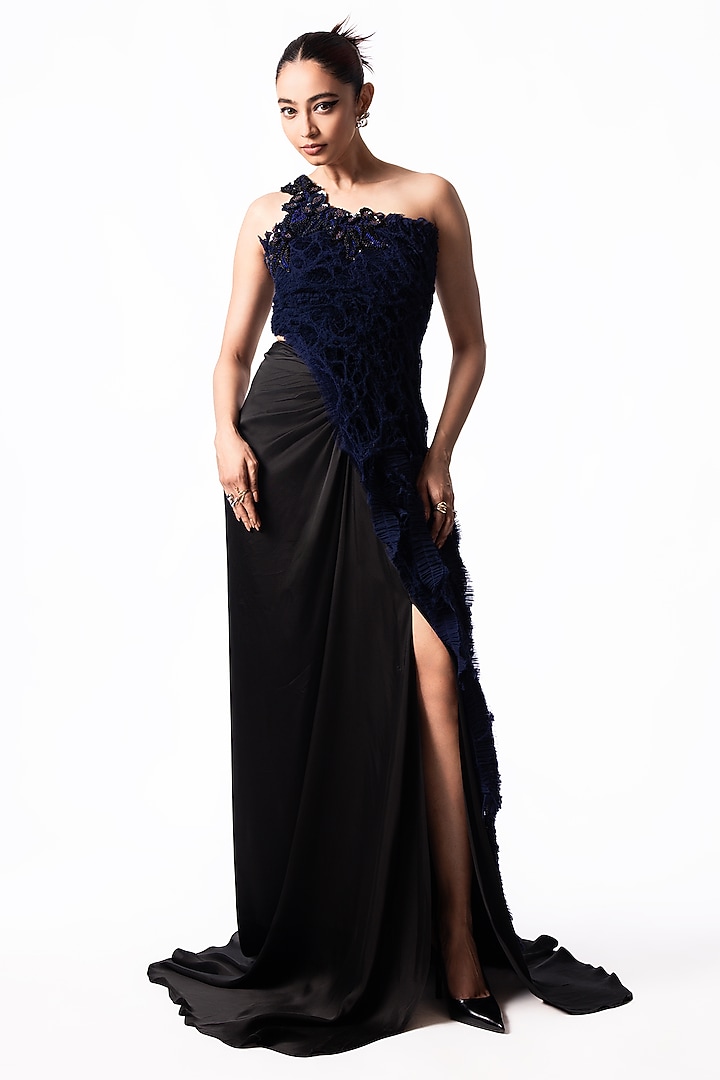 Black Satin Trail Skirt Set by Nupur Kanoi at Pernia's Pop Up Shop