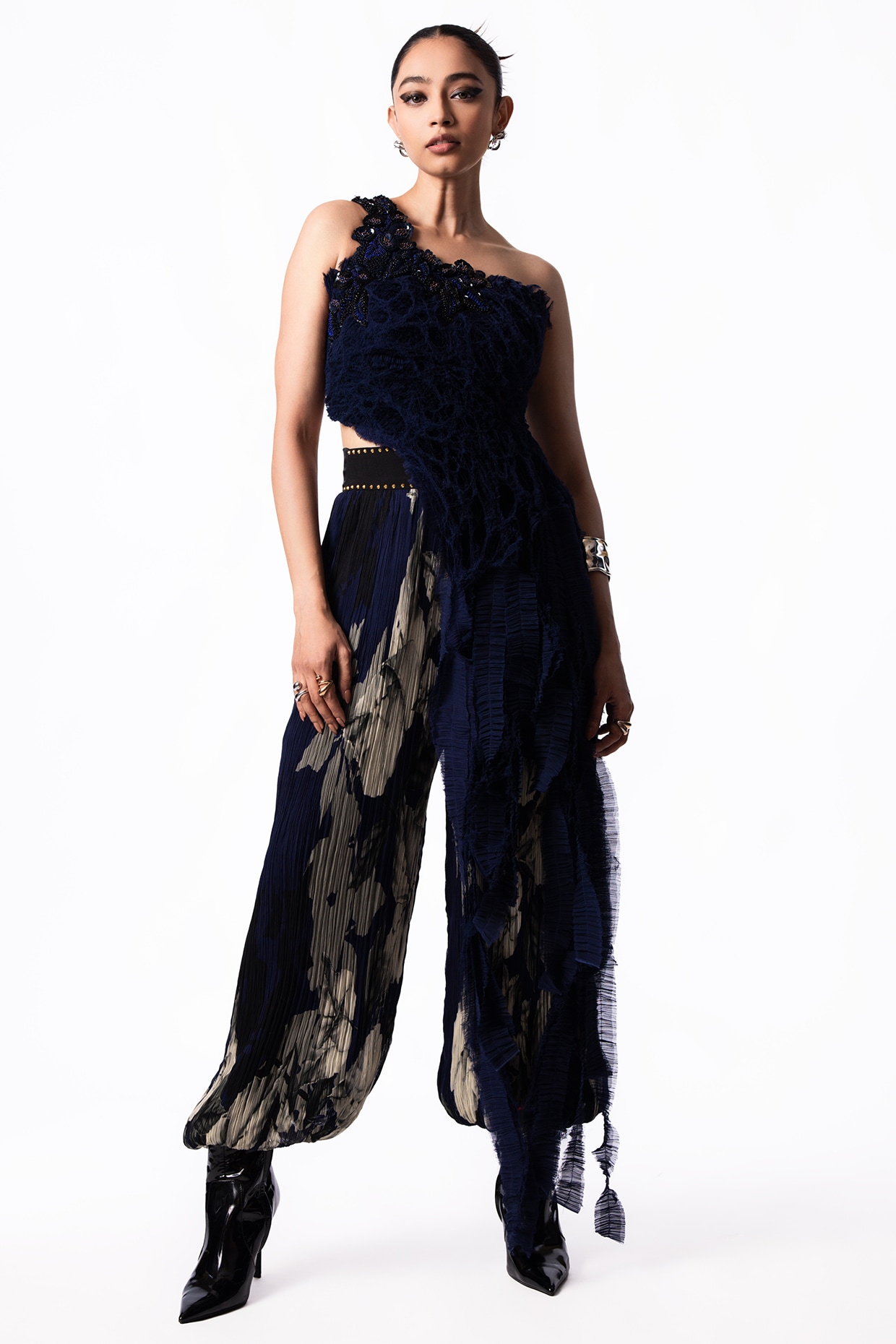 Nupur Kanoi Navy Chiffon Printed Balloon Pant Set