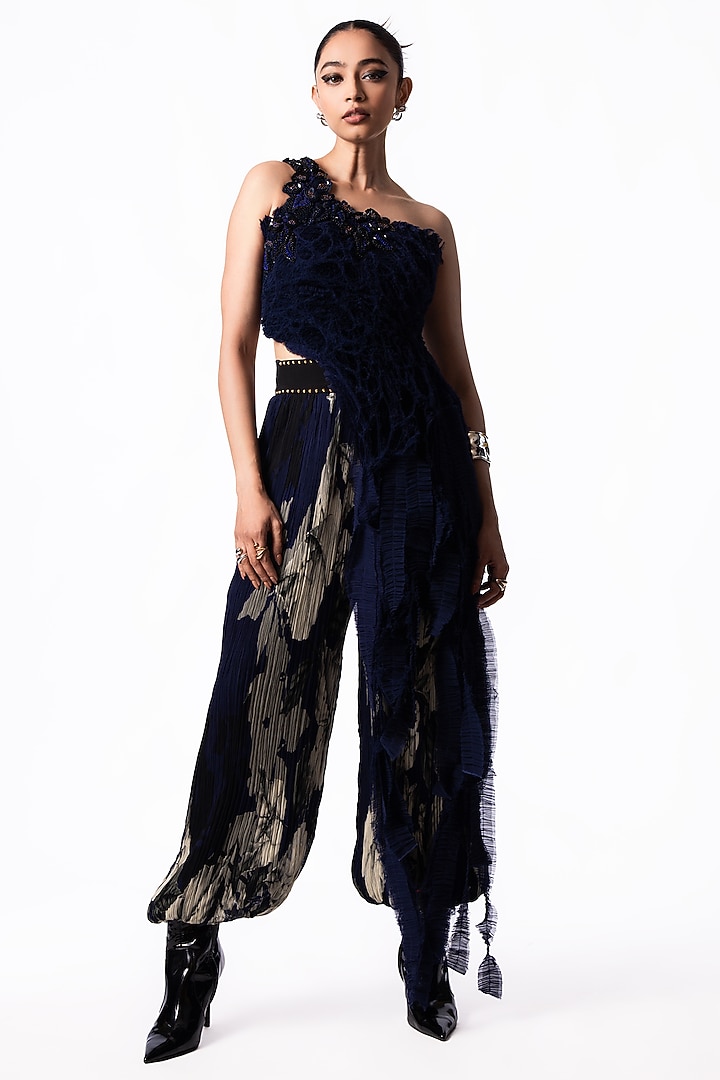Navy Chiffon Printed Balloon Pant Set by Nupur Kanoi at Pernia's Pop Up Shop