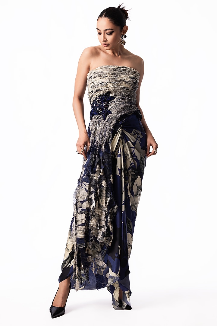 Navy Satin Printed Knotted Skirt Set by Nupur Kanoi at Pernia's Pop Up Shop