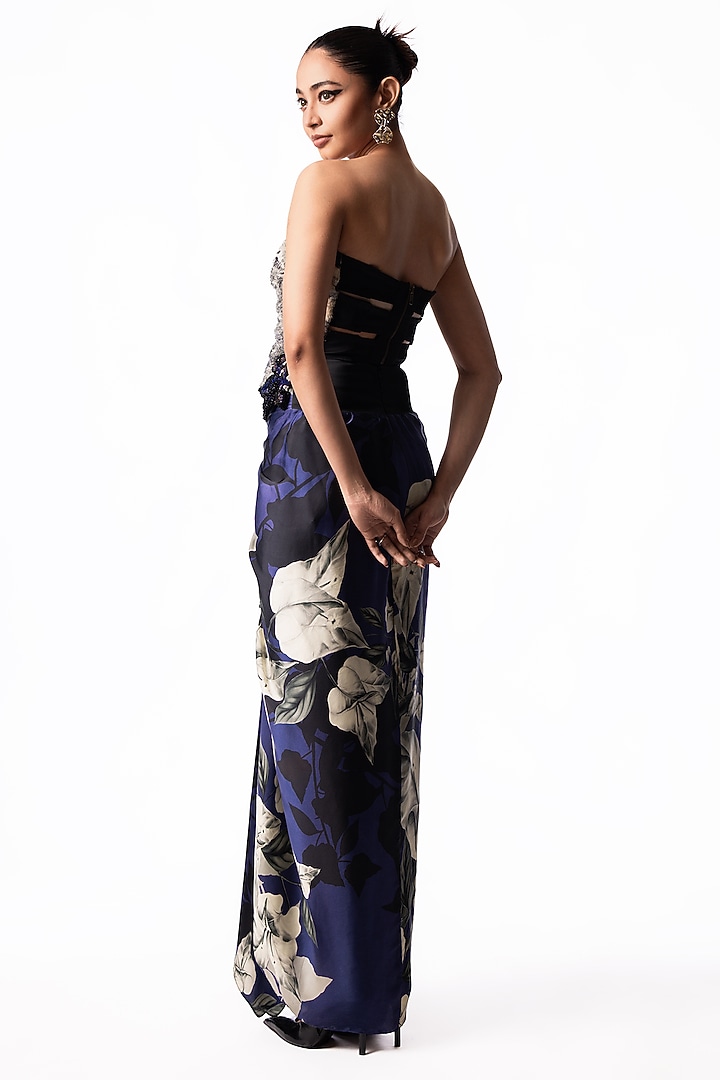 Navy Satin Printed Knotted Skirt Set by Nupur Kanoi at Pernia's Pop Up Shop
