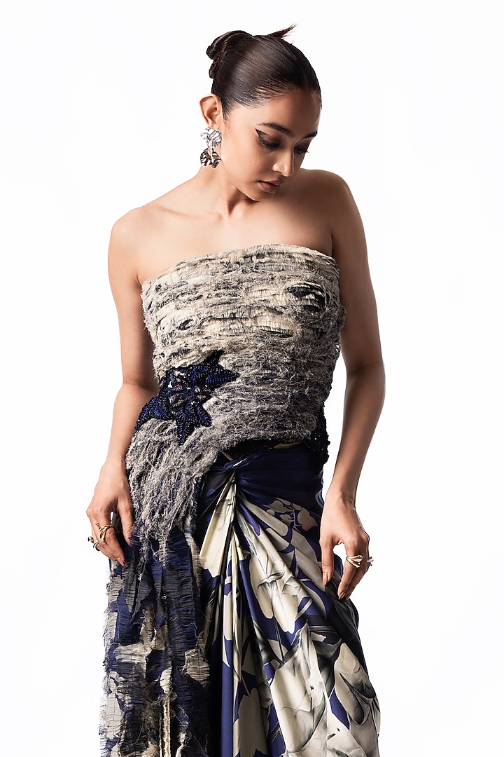 Navy Satin Printed Knotted Skirt Set by Nupur Kanoi at Pernia's Pop Up Shop