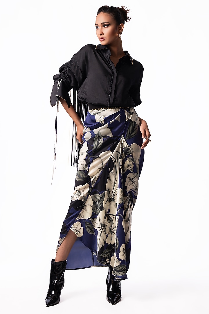 Navy Satin Printed Pick-Up Skirt Set by Nupur Kanoi at Pernia's Pop Up Shop
