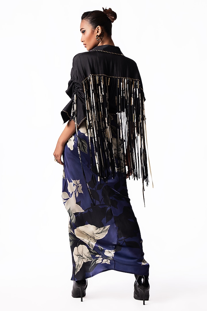 Navy Satin Printed Pick-Up Skirt Set by Nupur Kanoi at Pernia's Pop Up Shop