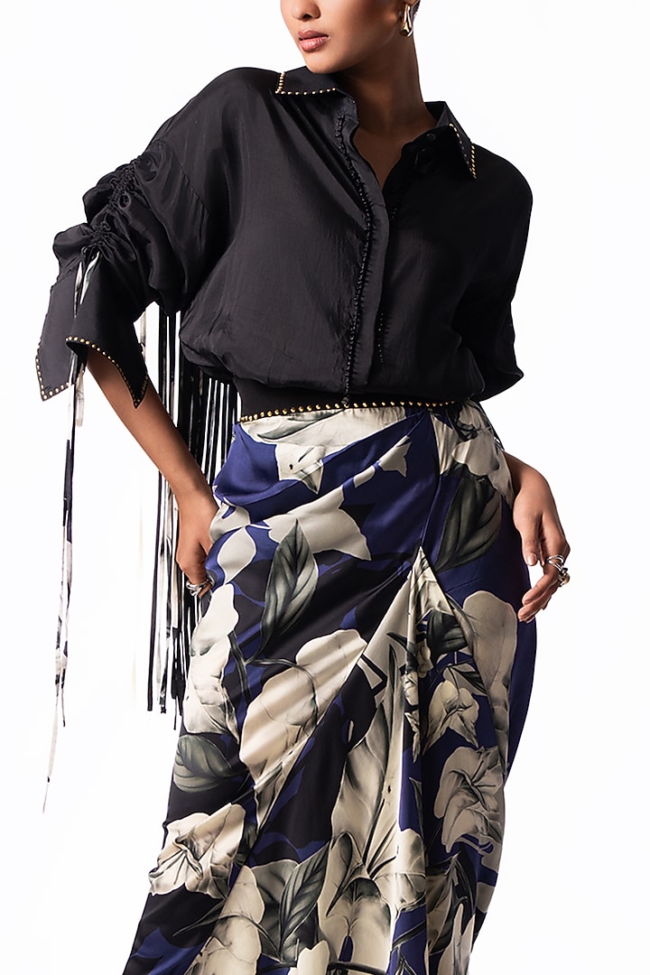 Navy Satin Printed Pick-Up Skirt Set by Nupur Kanoi at Pernia's Pop Up Shop