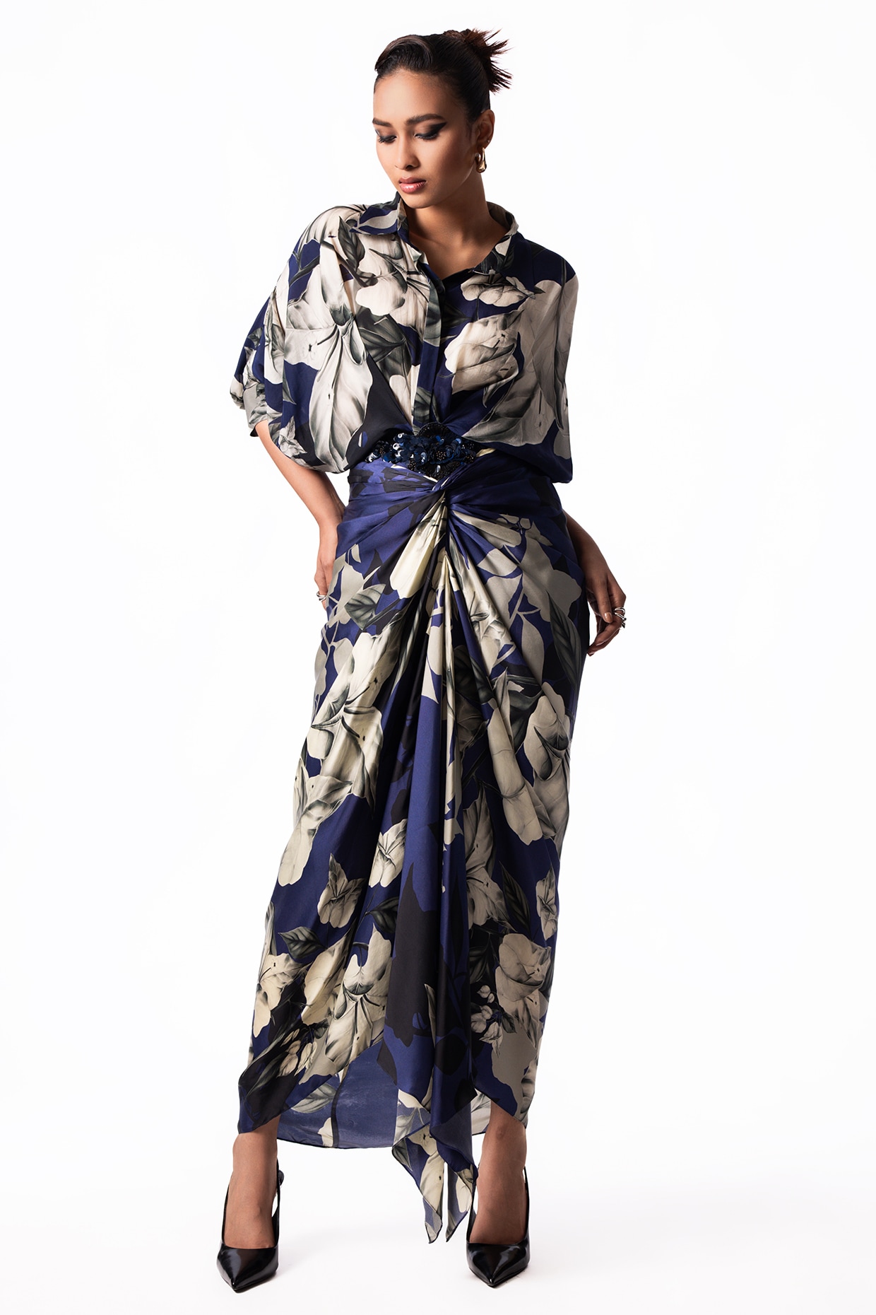 Nupur Kanoi Navy Satin Printed Knotted Skirt Set