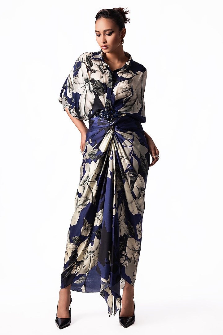 Navy Satin Printed Knotted Skirt Set by Nupur Kanoi at Pernia's Pop Up Shop