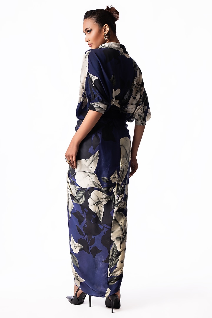 Navy Satin Printed Knotted Skirt Set by Nupur Kanoi at Pernia's Pop Up Shop