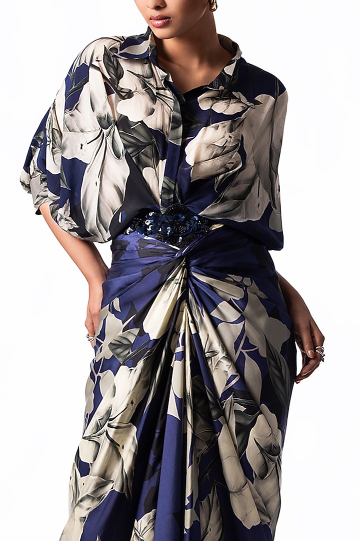 Navy Satin Printed Knotted Skirt Set by Nupur Kanoi at Pernia's Pop Up Shop